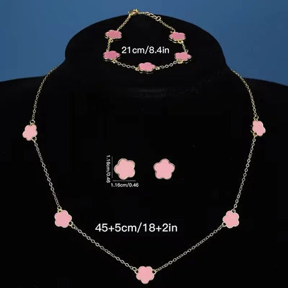 Lucky Five-Petal Flower & Clover Bracelet, Earrings, Necklace Set – Stylish Women's Party Jewelry Accessories