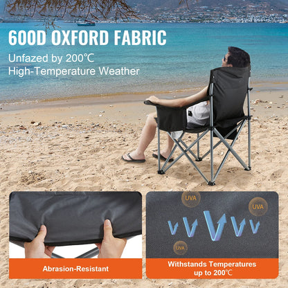 Camping Folding Chair — Portable Padded Armchair with Lumbar Support & Side Pockets for Beach, Lawn, Picnic