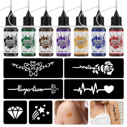 Temporary Tattoo Kit — 7 Mixed Color Pastes with 6 Stencil Designs, Easy-to-Use Henna Semi-Permanent Tattoo Set