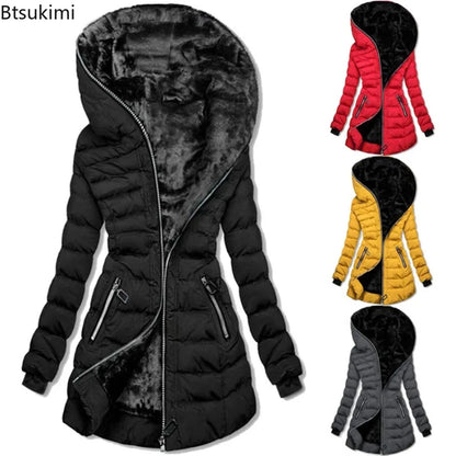 2025 Women’s Winter Parka – Hooded Solid Zipper Midi Coat with Pockets, Slim Fit Long Sleeve Warm Casual Jacket