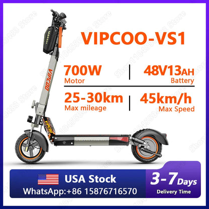 VIPCOO VS1 Electric Scooter – 700W Motor, 48V 13AH Battery, Portable Folding with 10” Off-Road Air Tires