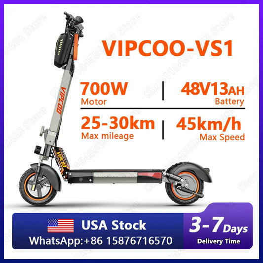 VIPCOO VS1 Electric Scooter – 700W Motor, 48V 13AH Battery, Portable Folding with 10” Off-Road Air Tires