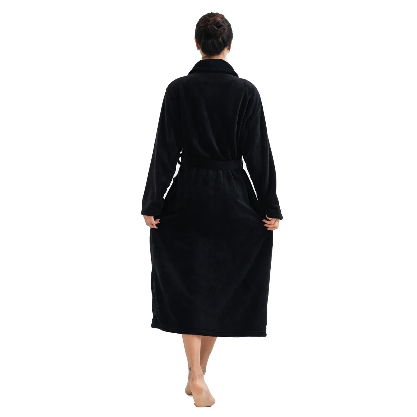 RONGTAI Women's Solid Color Lapel Bathrobe - Warm, Comfortable Long-Sleeved Robe for Autumn and Winter Homewear