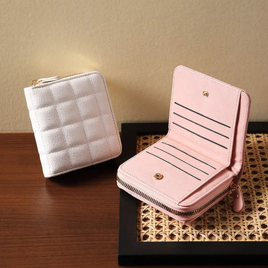 Women’s Small PU Leather Zipper Wallet with Coin Purse – Cute Plaid Mini Korean Card Holder, New Arrival
