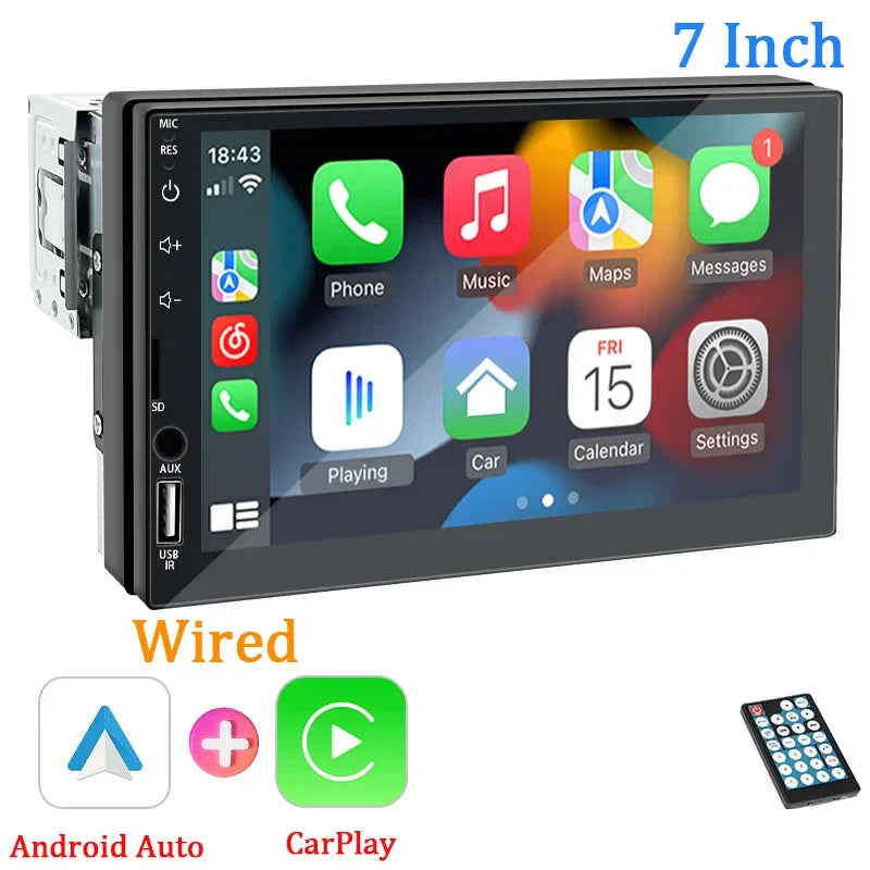 1-DIN Car Radio with 7’’ HD Touch Screen — Android Auto & CarPlay Multimedia Player, FM, AUX, Bluetooth, MirrorLink Universal Autoradio