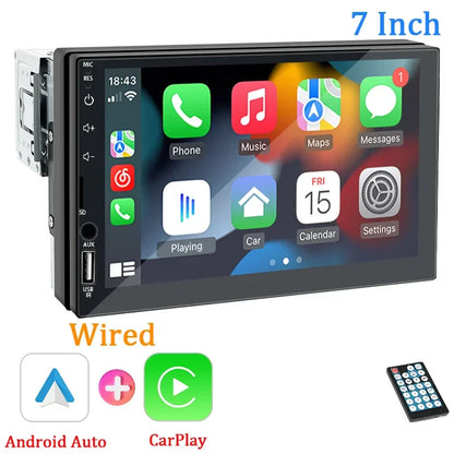 1-DIN Car Radio with 7’’ HD Touch Screen — Android Auto & CarPlay Multimedia Player, FM, AUX, Bluetooth, MirrorLink Universal Autoradio
