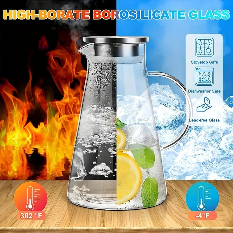 Transparent Glass Water Jug - Heat Resistant Cold Water Kettle with Handle for Home, Office & Household Use