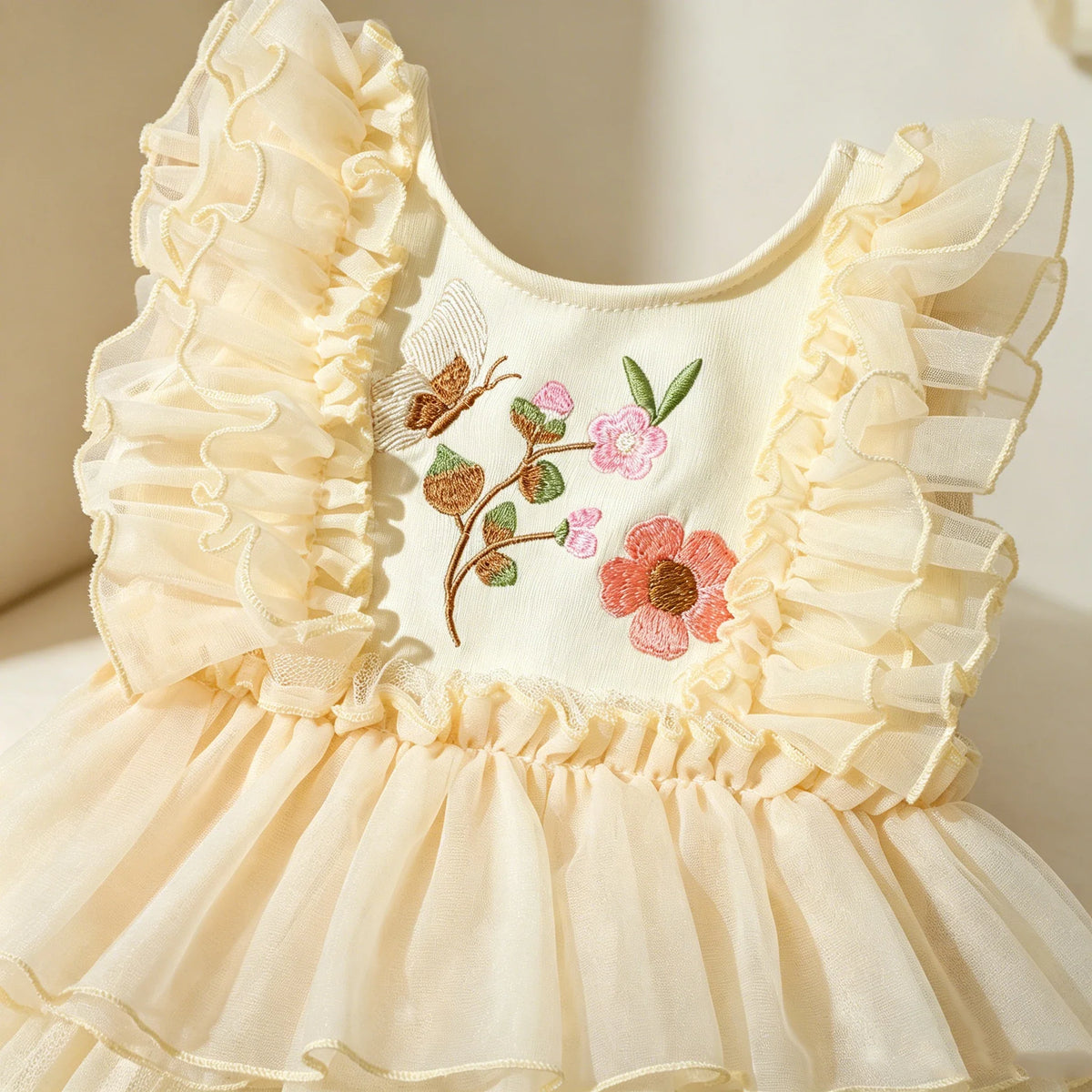 Newborn Baby Girl Floral Tutu Romper Set - Butterfly Embroidery Bodysuit with Flower Headband