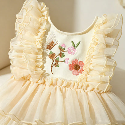 Newborn Baby Girl Floral Tutu Romper Set - Butterfly Embroidery Bodysuit with Flower Headband