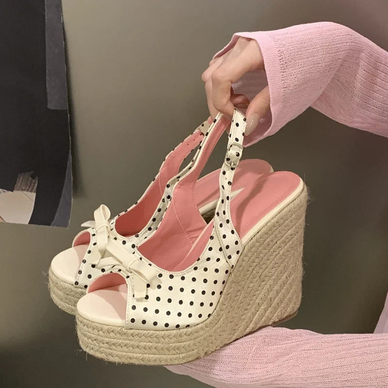 Women’s Grass Woven Wedge Sandals - Retro Butterfly Bow Platform Shoes for Summer