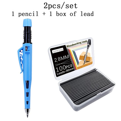 2Pcs Carpenter Mechanical Pencil Set - 54mm Long Reach Woodworking Marking Tool with Lead Box