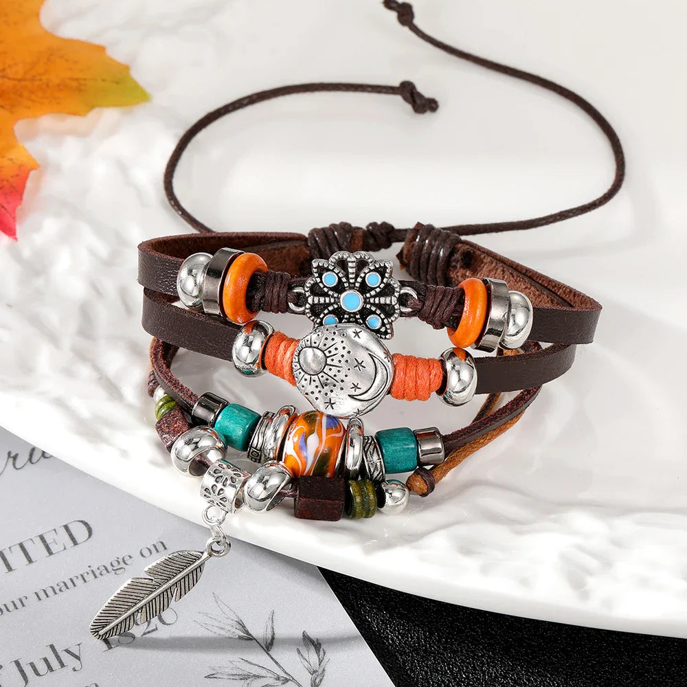 Vintage Gothic Punk Moon & Star Metal Bracelet - Multilayer Leather Bangle for Men, Leaf & Sun Arm Jewelry