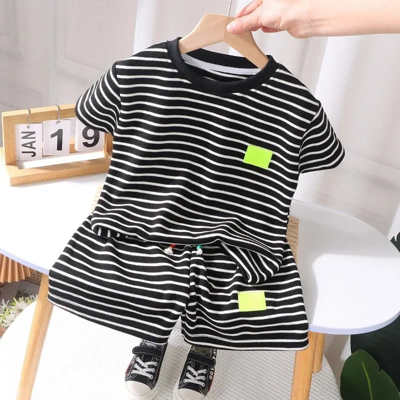 2PCS Kids Summer Outfit – Cotton Short Sleeve Tee & Shorts Set for Boys, Black & White Stripe
