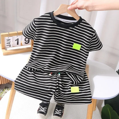 2PCS Kids Summer Outfit – Cotton Short Sleeve Tee & Shorts Set for Boys, Black & White Stripe