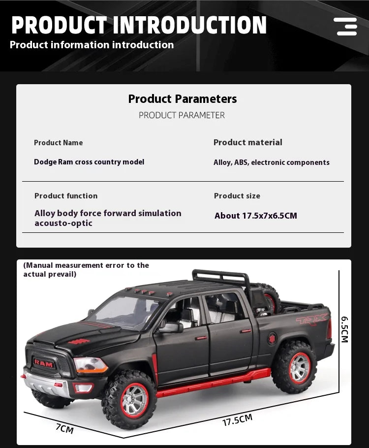 1:32 RAM Pickup Truck Alloy Model – Sound, Light & Spring-Back Action Toy for Kids’ Adventure Play