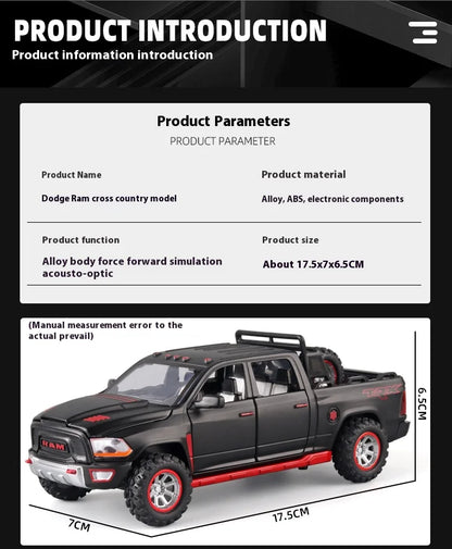 1:32 RAM Pickup Truck Alloy Model – Sound, Light & Spring-Back Action Toy for Kids’ Adventure Play