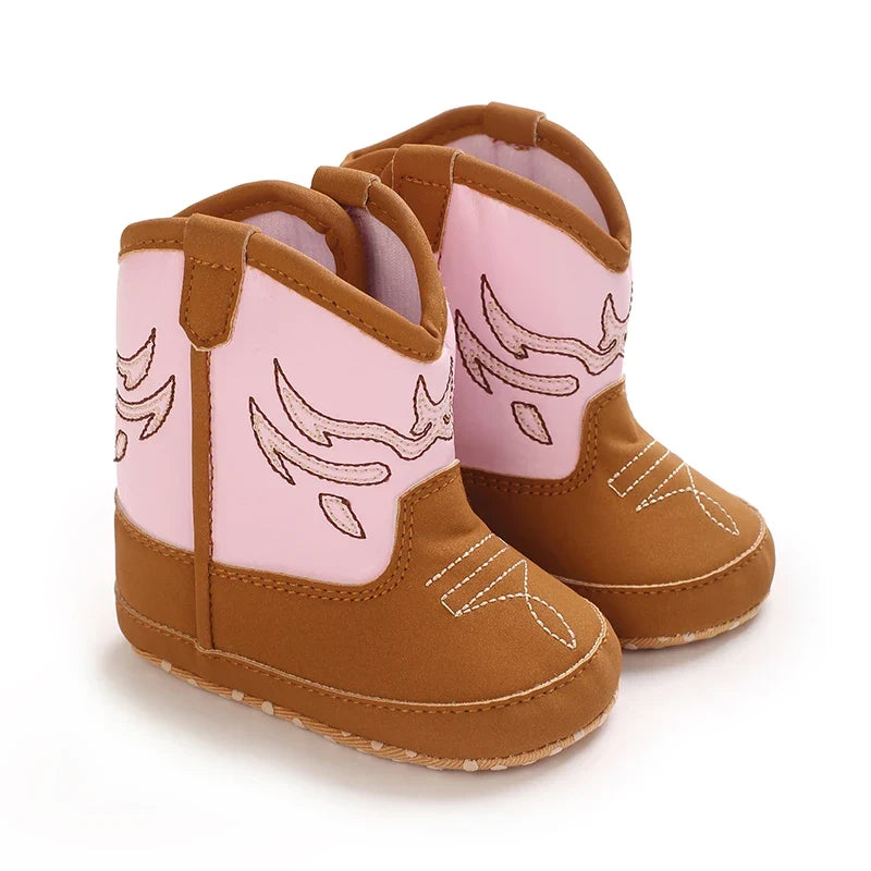 Western Cowboy Baby Boots - Soft Sole Embroidered Pre-Walker Shoes for Newborn Girls 0-18M