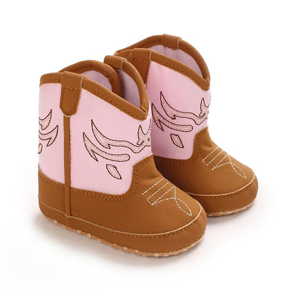 Western Cowboy Baby Boots - Soft Sole Embroidered Pre-Walker Shoes for Newborn Girls 0-18M