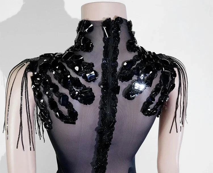 Sexy Shiny Silver Sequin & Black Spandex Jumpsuit — 2025 Women’s Prom, Dancer & Stage Performance Costume