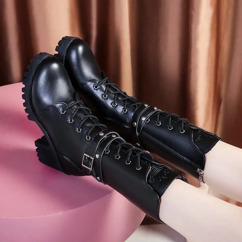 Women’s Winter Mid-Calf Boots – Solid Color, Thick Sole, Buckle Design, Round Toe, Non-Slip Square Heel