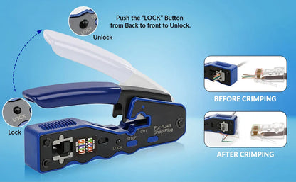 ZoeRax Pass-Through RJ45 Crimping Tool — All-in-One Crimper & Cutter for Cat6a/Cat6/Cat5 8P8C Ethernet