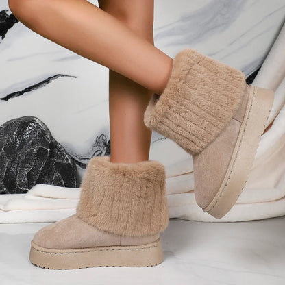 Women’s Winter Mid-Calf Boots – Round Toe Plush Lined, Thick Sole, Anti-Slip Casual Snow Boots in Beige
