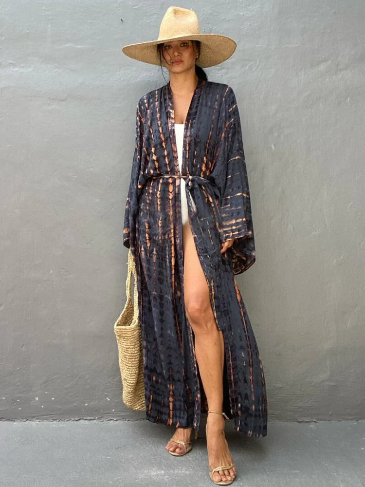 Tie-Dye Bikini Cover Up Kimono – Bohemian Beach Swimsuit Cape Pareo Dress with Belted Wrap Style Summer Swimwear Cover-Up
