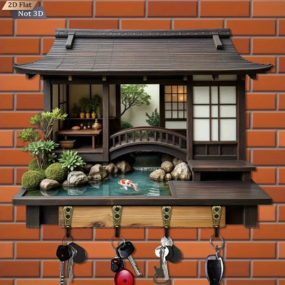 2D Retro Japanese-Style Wooden Key Hook – Multi-Functional Wall Key Holder for Home, Porch & Kitchen Storage