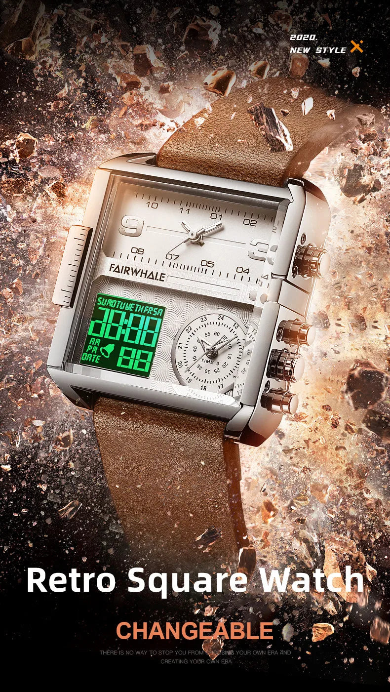 Mark Fairwhale Men’s Luxury Square Quartz Watch — Fashion Waterproof Military Leather Strap Wristwatch