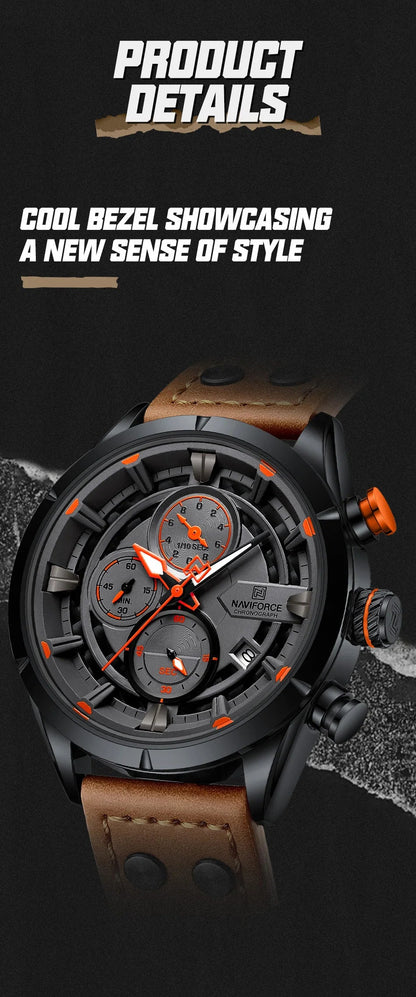 NAVIFORCE Men's Casual Watch – Luxury Waterproof Chronograph Quartz Wristwatch with Genuine Leather Strap