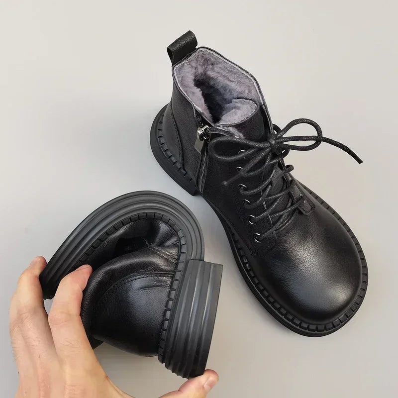 Careaymade 100% Genuine Leather Wide Casual Women’s Short Boots – Big Size, Handmade Men’s Wool Boots