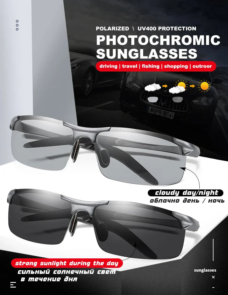 CLLOIO Aluminum Photochromic Sunglasses – Polarized Day & Night Chameleon Glasses for Men, Anti-Glare, UV Protection, Color Changing Sun Glasses