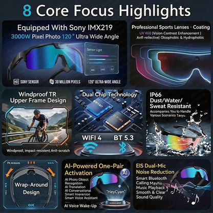 AI Smart Sports Camera Glasses - HD Anti-Shake Recording Sunglasses for Cycling, Riding & Outdoor Activities