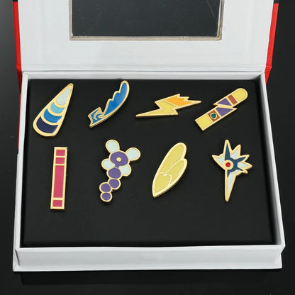 Anime League Gym Badge Set – Metal Brooches from Sinnoh, Johto, Hoenn & Indigo with Pikachu & Squirtle Figure Toys