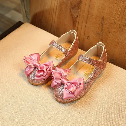 Girls Glitter Bow Flats - Princess Leather Dress Shoes for Toddlers & Kids, Dance Party Footwear