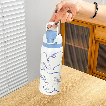 34oz Stainless Steel Water Bottle — Floral Two-Tone Insulated Bottle with Leakproof Sport Lid & Handle, 24H Hot & Cold