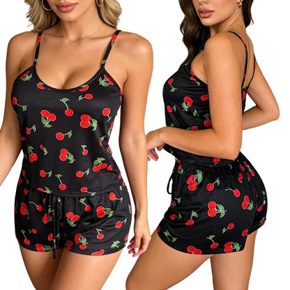 2Pcs Women’s Satin Pajama Set - Sexy Strap Vest Top & Shorts Nightwear Lingerie Sleepwear Outfit