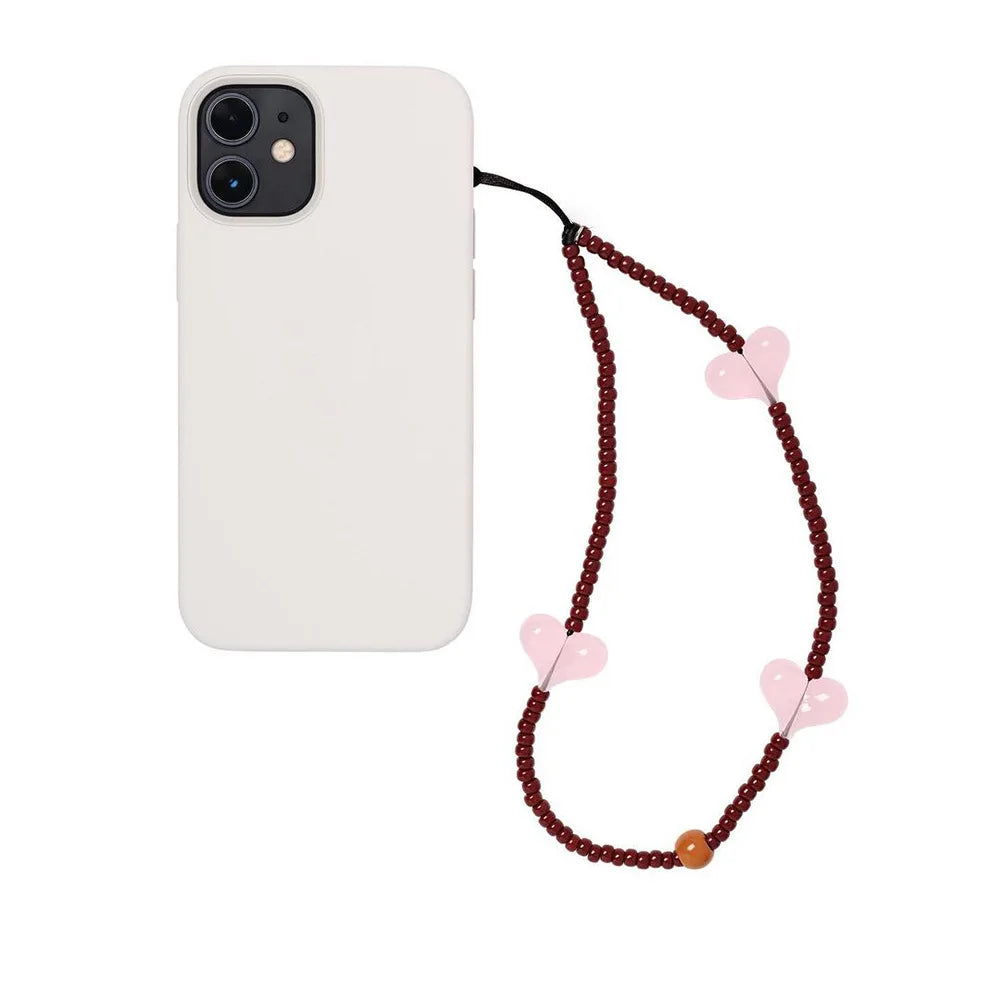 KPOP Black Matte Bead Phone Charm with Pink Heart – Style Phone Strap Lanyard Jewelry Accessory