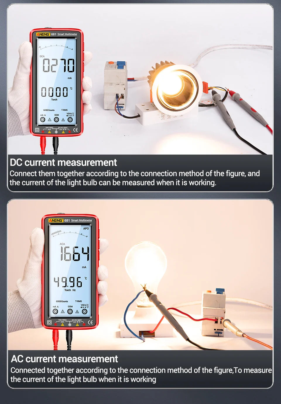 ANENG 681 Rechargeable Digital Multimeter — Professional Non-Contact AC/DC Voltage & Current Tester with LCD Screen