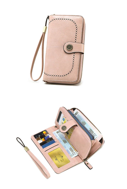 Vintage Large Capacity Women's Purse – Monochromatic Multi-Card Long Wallet with Zipper & Wrist Strap