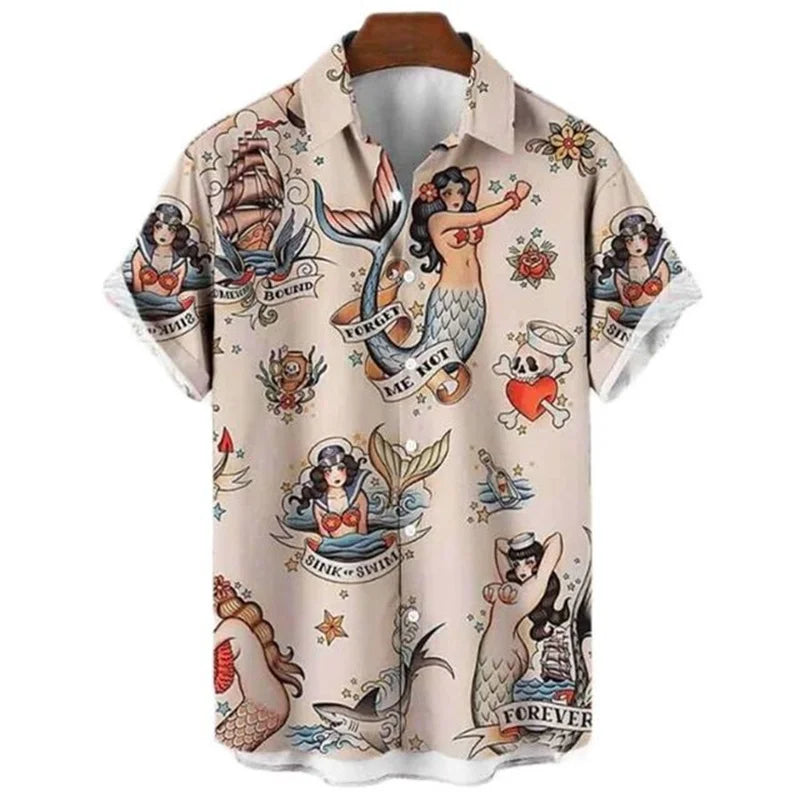Men's Retro Mermaid Hawaiian Shirt - 3D Print Casual Short Sleeve Button-Up Summer Shirt