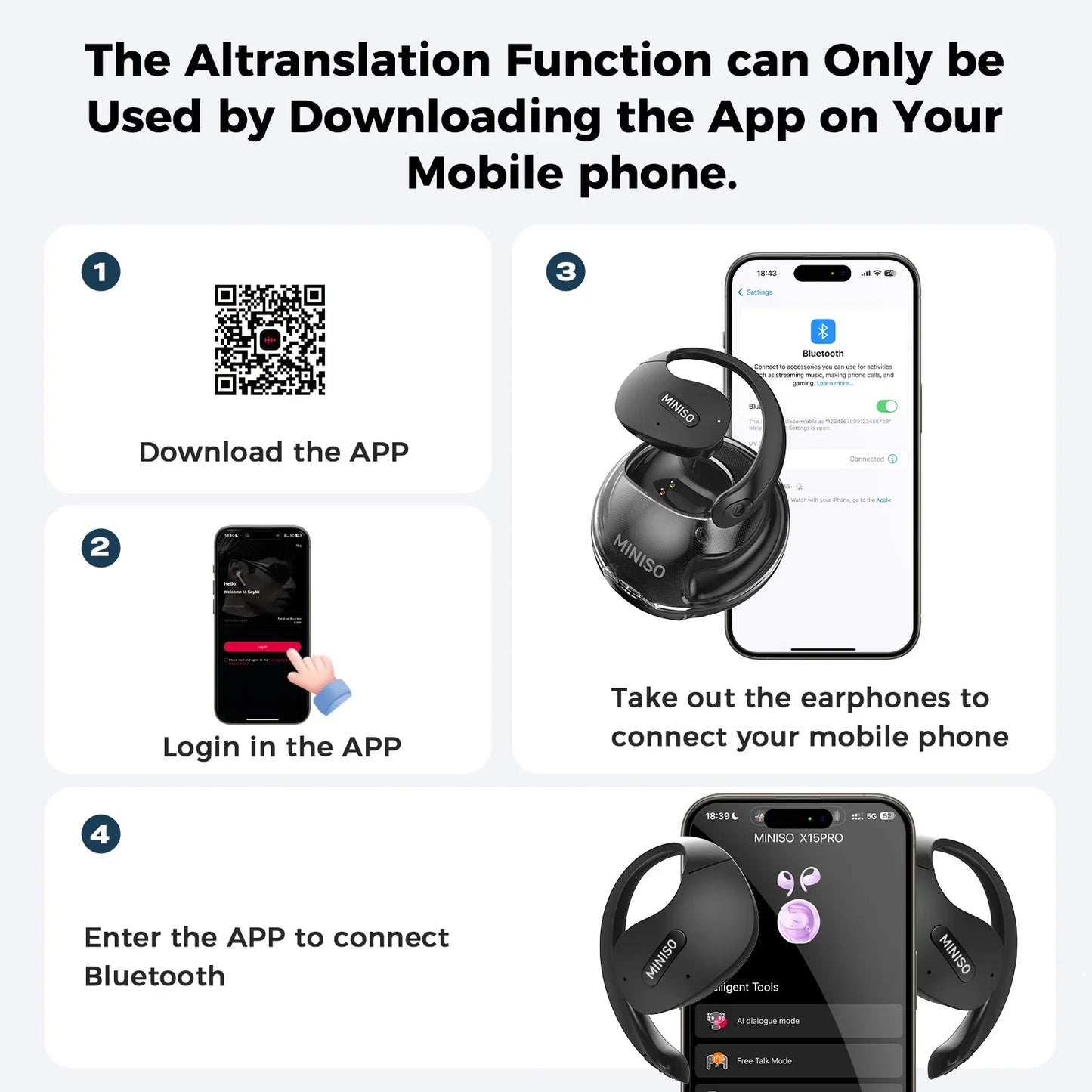 MINISO X15Pro AI Translator Earbuds — Bluetooth Wireless Sports Headphones, Waterproof HD Call Earphones with Mic