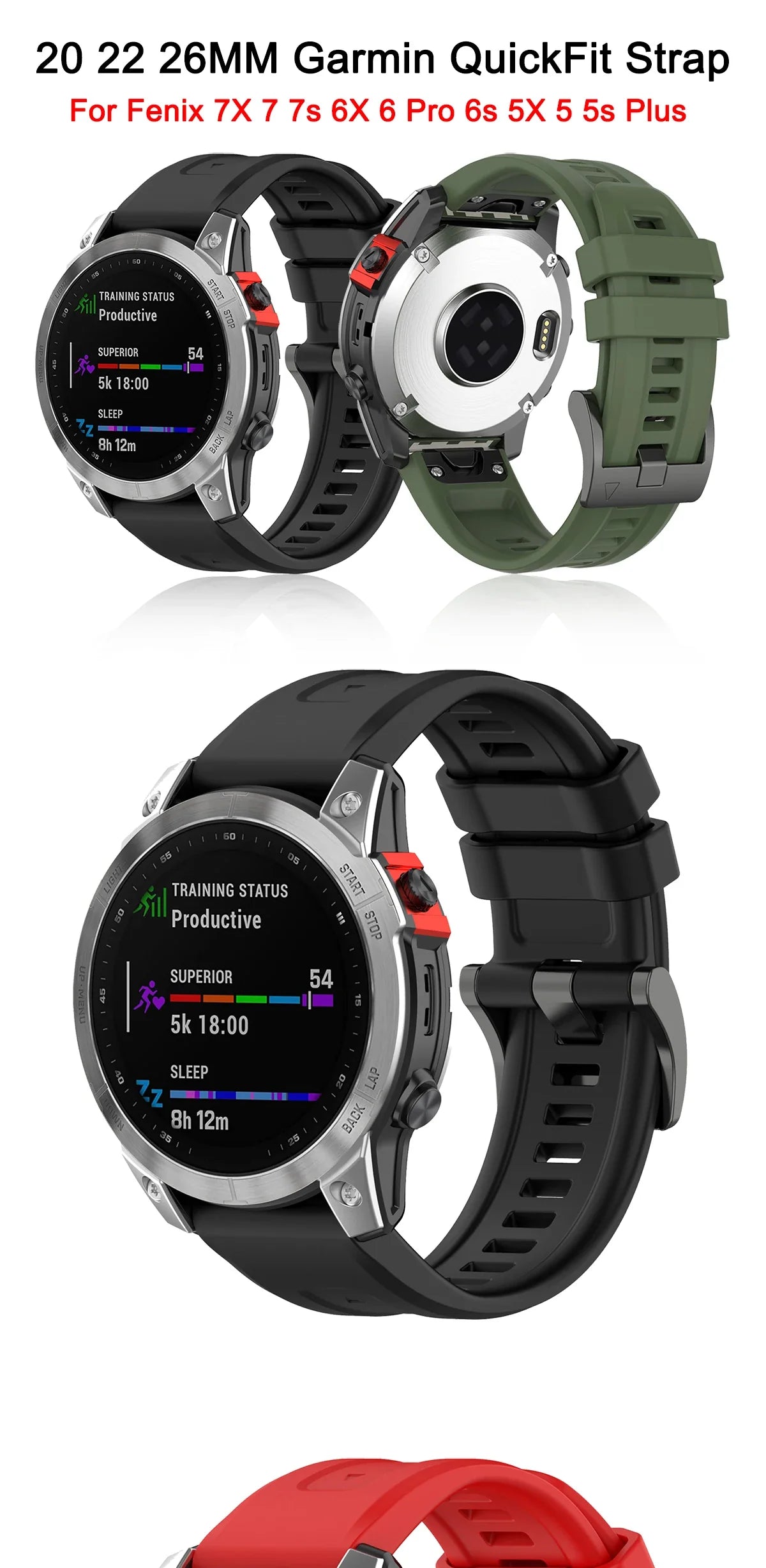 Silicone Watch Strap for Garmin Fenix 7X/7/7S/6/6X/5X/5S/3HR/945/935 – QuickFit 20/22/26mm Wrist Band