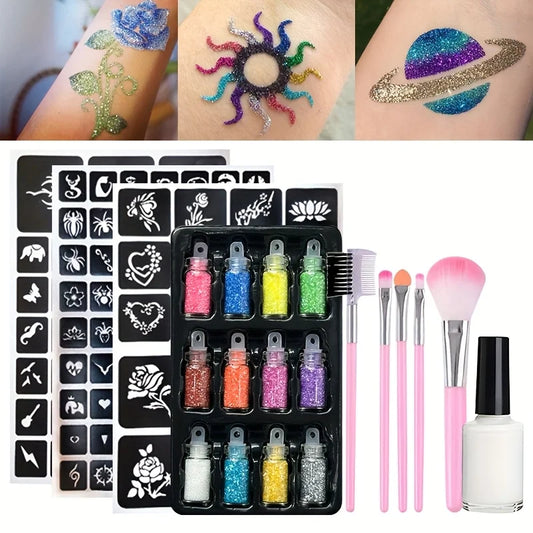 12-Color Temporary Tattoo Glitter Set – Includes Glue, Templates & Makeup Brushes for Face & Body Decoration