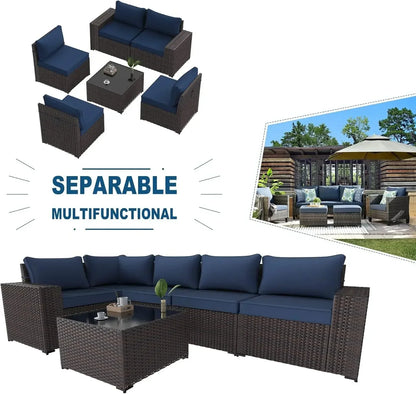 6-Piece Outdoor Patio Furniture Set – PE Wicker Rattan Sectional Sofa with Navy Blue Cushions, Fast Shipping