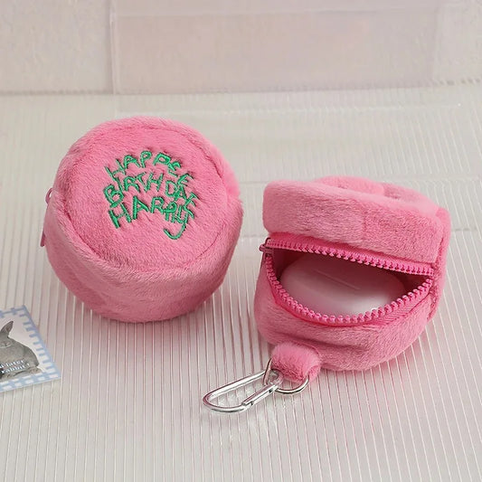 Pink Mini Coin Purse - Kawaii Plush Storage Bag for Earphones, Coins & Cords, Cute Portable Cake Pouch