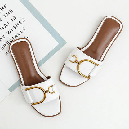 Women’s Flat Slippers — Summer Leather Square Toe Flats, Designer Slides & Luxury Sandals