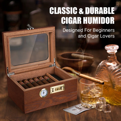 Cedar Wood Cigar Humidor – Glass Top Desktop Cigar Box with Front Hygrometer, Humidifier, Divider, and Accessories Drawer