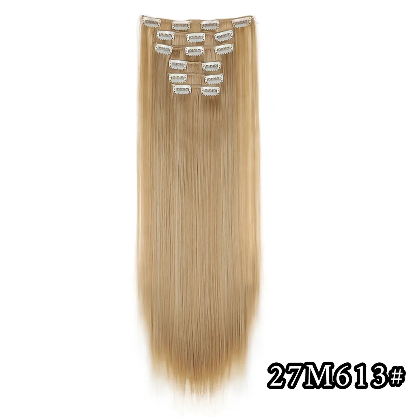 24-Inch 16 Clips-in Hair Extensions – Long Straight Synthetic Blonde & Black Hairpieces, Heat Resistant for Daily Use