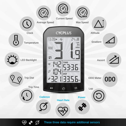 CYCPLUS M1 GPS Bicycle Computer - Bluetooth 5.0 & ANT+ Cycling Speedometer | Speed Meter Compatible with Garmin Zwift | Bike Accessories
